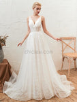 A-line Lace V-neck Backless Tulle Newest Wedding Dresses, YKX082