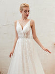 A-line Lace V-neck Backless Tulle Newest Wedding Dresses, YKX082