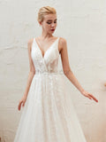 A-line Lace V-neck Backless Tulle Newest Wedding Dresses, YKX082