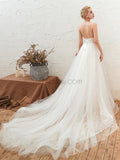 A-line Lace V-neck Backless Tulle Newest Wedding Dresses, YKX082