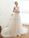 Romantic A-line Tulle Sleeveless Applique Wedding Dresses, YKX083