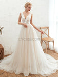 Romantic A-line Tulle Sleeveless Applique Wedding Dresses, YKX083