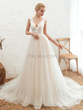 Romantic A-line Tulle Sleeveless Applique Wedding Dresses, YKX083