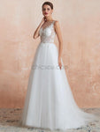 Honest A-line Tulle Sparkly Sequin Applique Wedding Dresses, YKX084