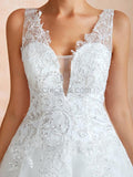 A-line Tulle Elegant Applique Sleeveless Lace Wedding Dresses, YKX085