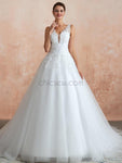 A-line Tulle Elegant Applique Sleeveless Lace Wedding Dresses, YKX085