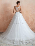 A-line Tulle Elegant Applique Sleeveless Lace Wedding Dresses, YKX085