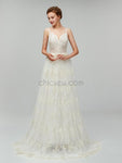 Spaghetti Strap Lace Backless Sweep Trailing Long Wedding Dresses XDM1104