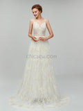 Spaghetti Strap Lace Backless Sweep Trailing Long Wedding Dresses XDM1104