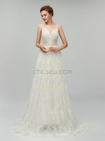 Spaghetti Strap Lace Backless Sweep Trailing Long Wedding Dresses XDM1104