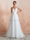 A-line V-neck Tulle Sleeveless Long Wedding Dresses SDP1182