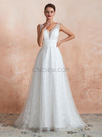 A-line V-neck Tulle Sleeveless Long Wedding Dresses SDP1182