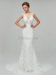 Elegant Spaghetti Strap Lace Applique Mermaid Long Wedding Dresses XDM1110