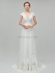 Elegant Cap Sleeves V Neck Lace A-line Long Wedding Dresses XDM1113