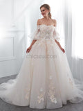 Off the Shoulder Applique Tulle Long Wedding Dresses SDP1168