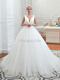 V-neck Ivory Tulle Affordable Long Wedding Dresses SDP1179