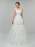 Gorgeous Lace Applique V Neck A-line Backless Long Wedding Dresses XDM1103