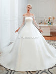 Charming Off Shoulder Long Sleeves Satin A Line Long Wedding Dresses XDM1188