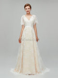 Simple Half Sleeves V Back Lace A Line Long Wedding Dresses XDM1112