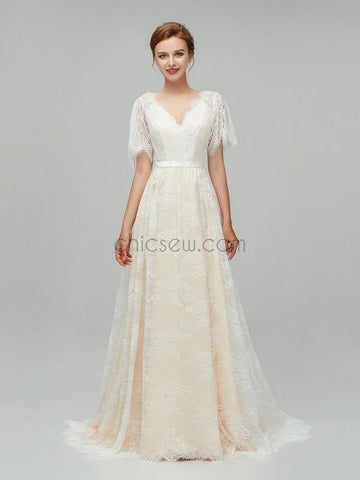 Simple Half Sleeves V Back Lace A Line Long Wedding Dresses XDM1112