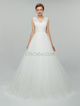 Elegant Lace Top V Back White A-line Long Wedding Dresses XDM1102