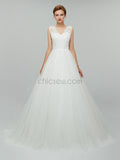 Elegant Lace Top V Back White A-line Long Wedding Dresses XDM1102