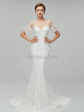 Unique Short Sleeves Lace Mermaid Long Wedding Dresses XDM1107