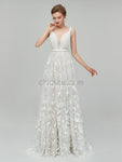 Simple Backless White Lace A-line Long Wedding Dresses XDM1111