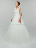 Elegant Lace Top V Back White A-line Long Wedding Dresses XDM1102