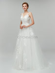 Gorgeous Lace Applique V Neck A-line Backless Long Wedding Dresses XDM1103