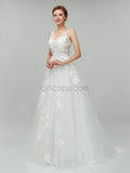 Gorgeous Lace Applique V Neck A-line Backless Long Wedding Dresses XDM1103