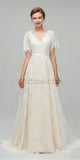 Simple Half Sleeves V Back Lace A Line Long Wedding Dresses XDM1112