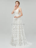 Simple Backless White Lace A-line Long Wedding Dresses XDM1111