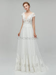 Elegant Cap Sleeves V Neck Lace A-line Long Wedding Dresses XDM1113