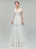 Elegant Cap Sleeves V Neck Lace A-line Long Wedding Dresses XDM1113