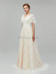 Simple Half Sleeves V Back Lace A Line Long Wedding Dresses XDM1112