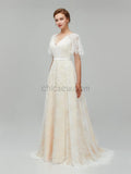 Simple Half Sleeves V Back Lace A Line Long Wedding Dresses XDM1112