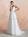 A-line V-neck Tulle Sleeveless Long Wedding Dresses SDP1182