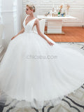 V-neck Ivory Tulle Affordable Long Wedding Dresses SDP1179