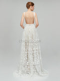 Simple Backless White Lace A-line Long Wedding Dresses XDM1111