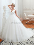 V-neck Ivory Tulle Affordable Long Wedding Dresses SDP1179