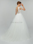 Elegant Lace Top V Back White A-line Long Wedding Dresses XDM1102