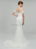 Unique Short Sleeves Lace Mermaid Long Wedding Dresses XDM1107