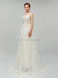 Spaghetti Strap Lace Backless Sweep Trailing Long Wedding Dresses XDM1104