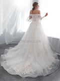 Off the Shoulder Applique Tulle Long Wedding Dresses SDP1168