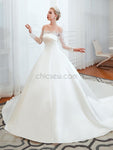 Charming Off Shoulder Long Sleeves Satin A Line Long Wedding Dresses XDM1188