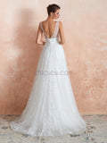 A-line V-neck Tulle Sleeveless Long Wedding Dresses SDP1182