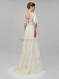 Simple Half Sleeves V Back Lace A Line Long Wedding Dresses XDM1112