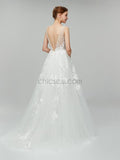 Gorgeous Lace Applique V Neck A-line Backless Long Wedding Dresses XDM1103