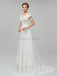 Elegant Cap Sleeves V Neck Lace A-line Long Wedding Dresses XDM1113